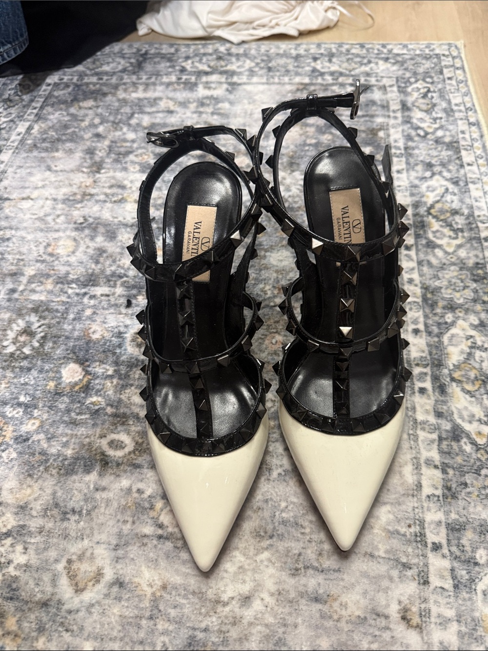 Valentino Black Strappy Rockstud Pointed Toe Pumps with White Cap